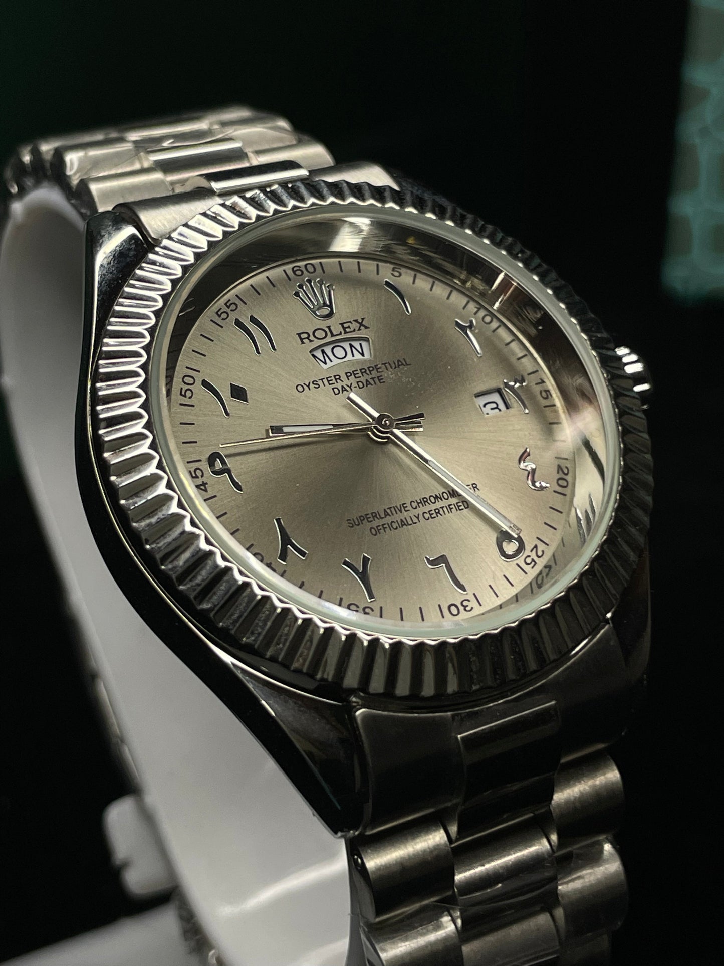 Rolex Day-Date with Cold Sand Dial, Fluted Bezel, and Arabic Numerals