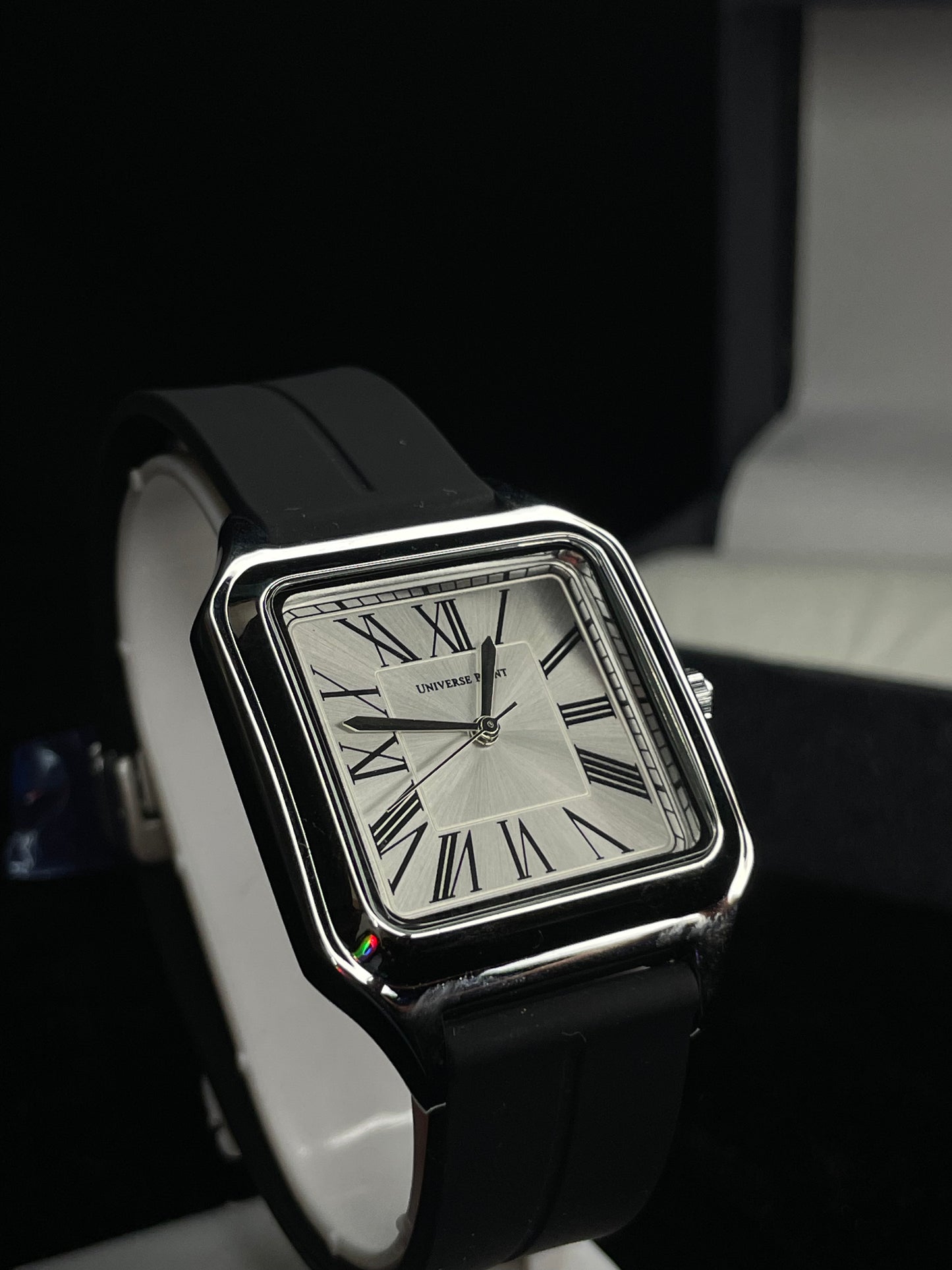 Universe Point Watch with Roman Numerals (Silver/White Dial on Black Strap)