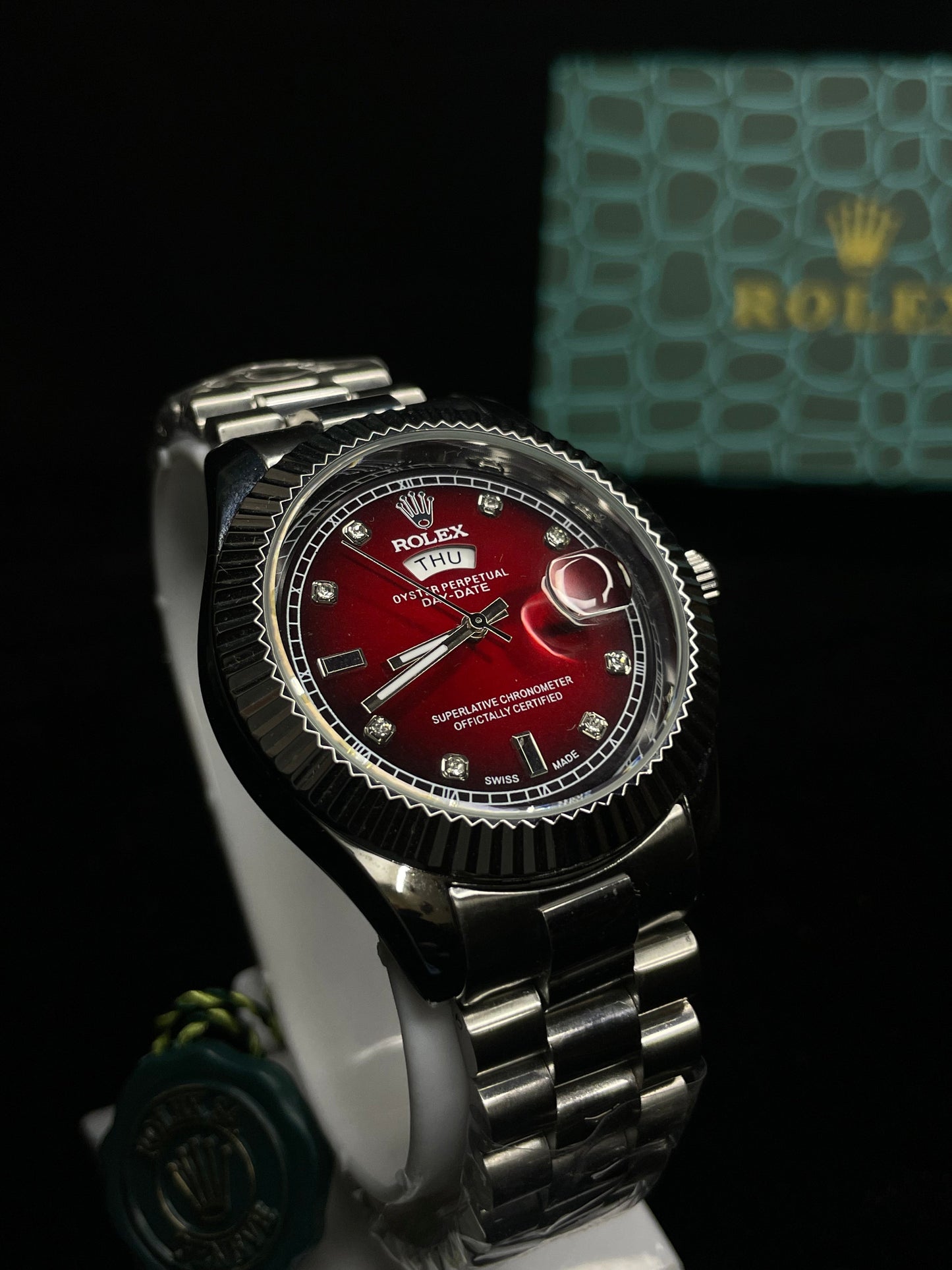 Rolex Day-Date with Fluted Bezel and Diamond-Set Red Dial