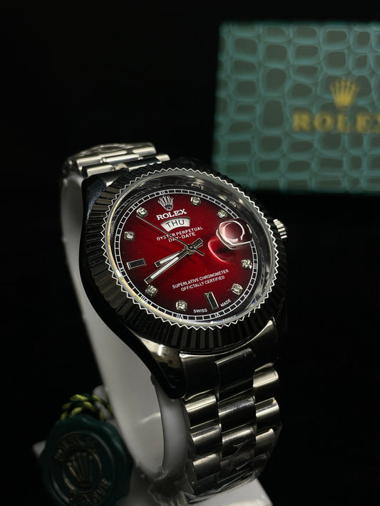 Rolex Day-Date with Fluted Bezel and Diamond-Set Red Dial