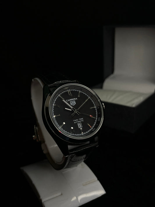 TAG Heuer Carrera Twin-Time Automatic (Black Dial on Leather Strap)
