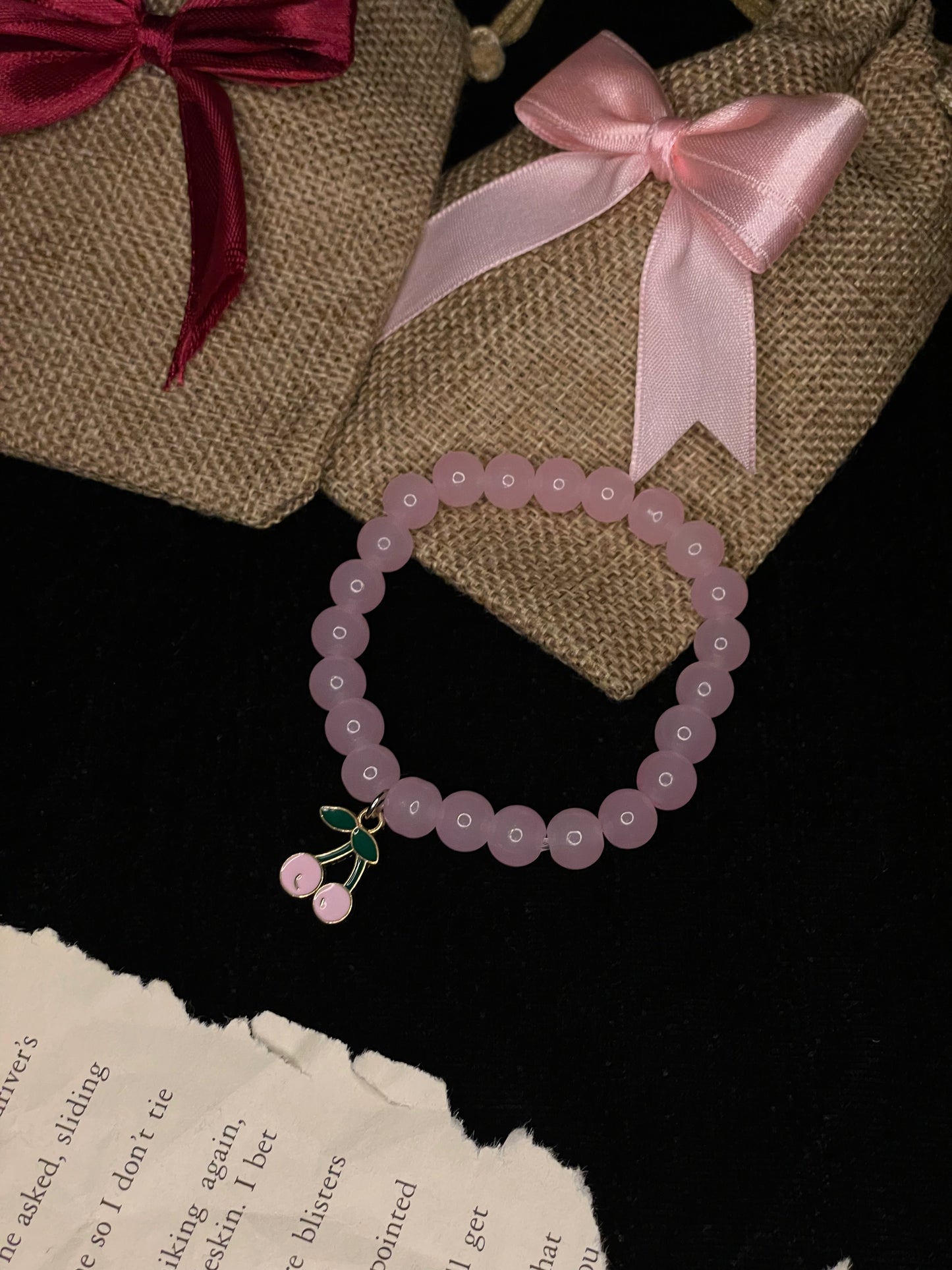 Light Pink Beeds Bracelet With  Cherry Charm
