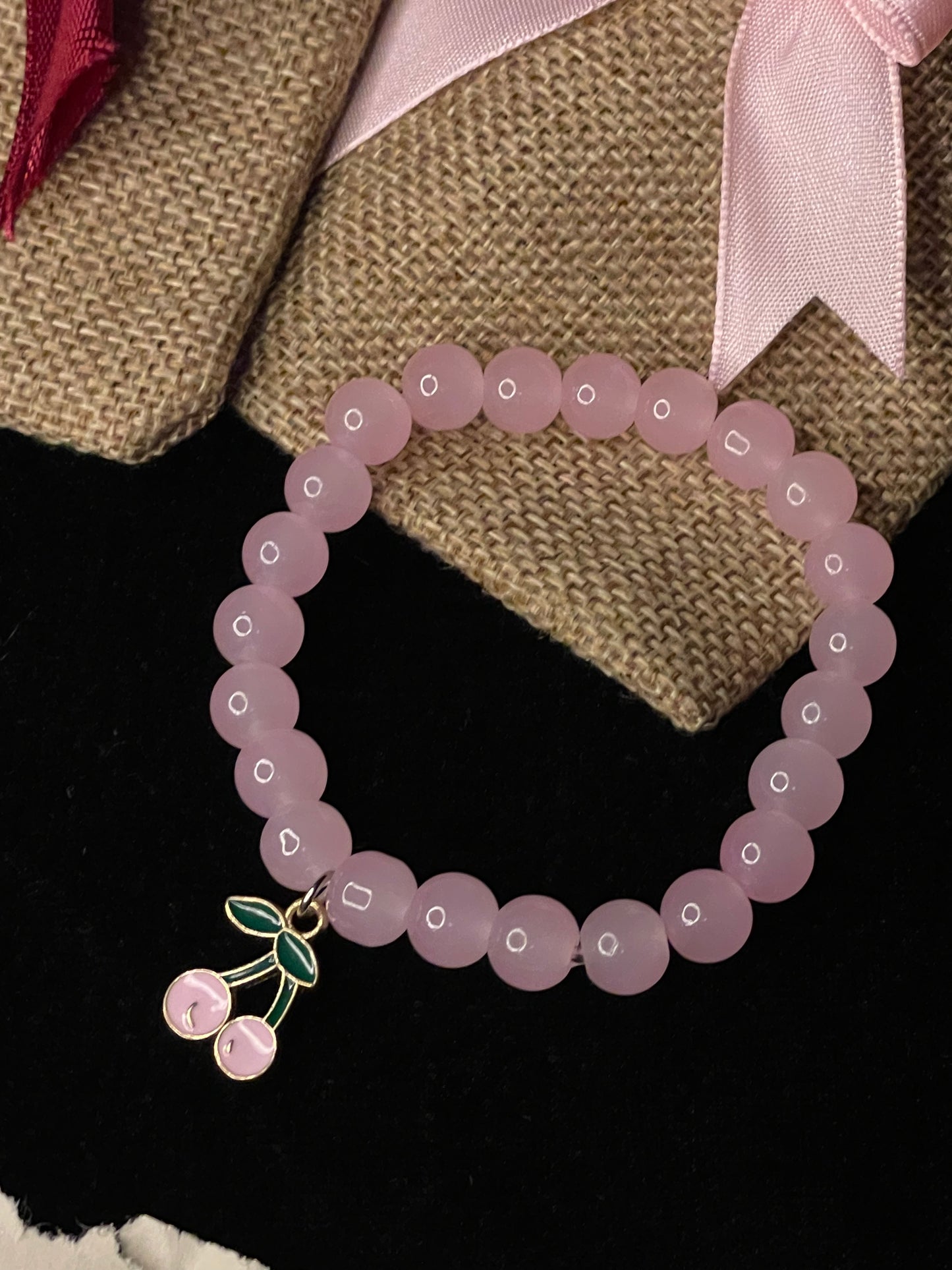 Light Pink Beeds Bracelet With  Cherry Charm