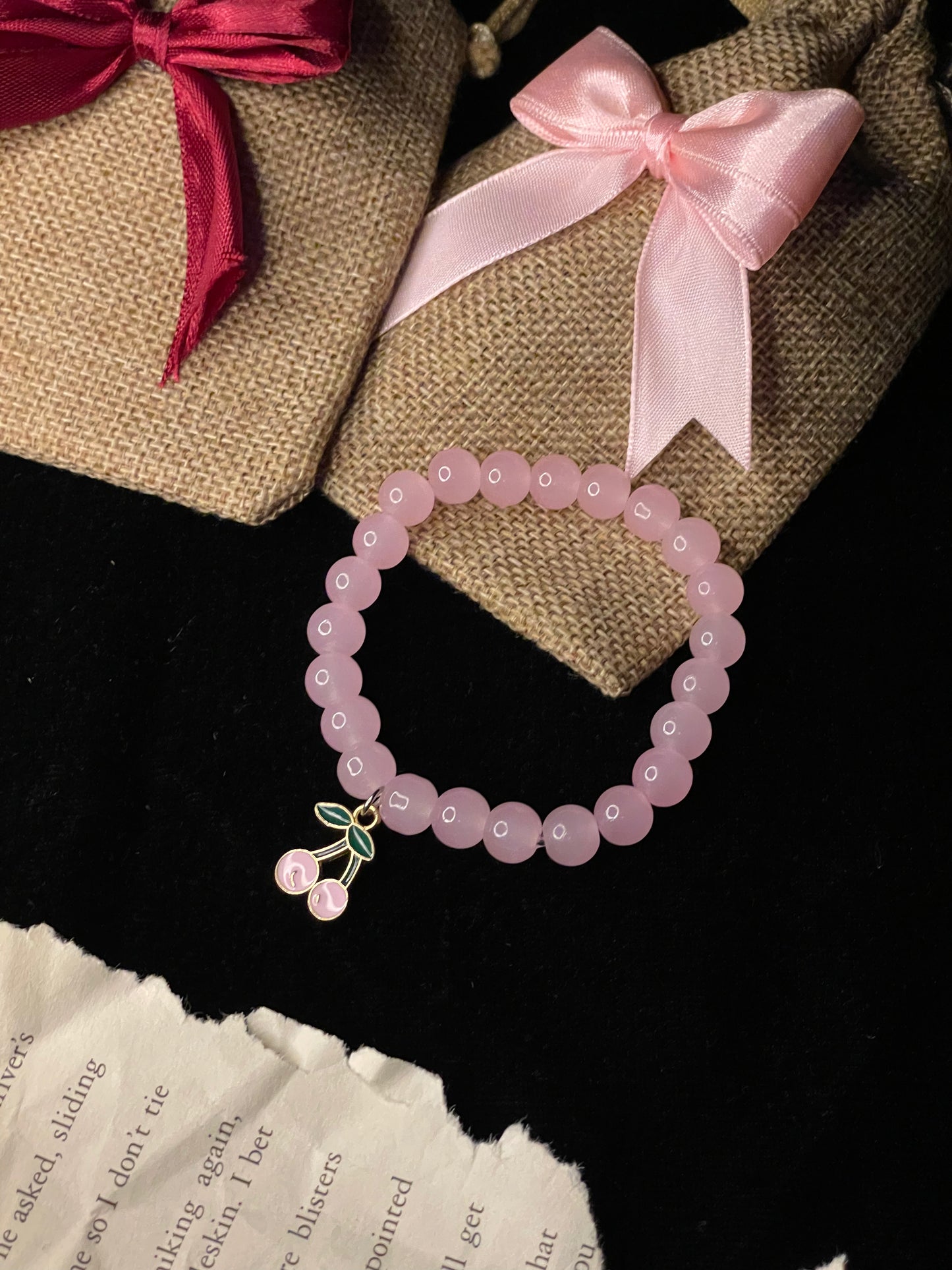 Light Pink Beeds Bracelet With  Cherry Charm