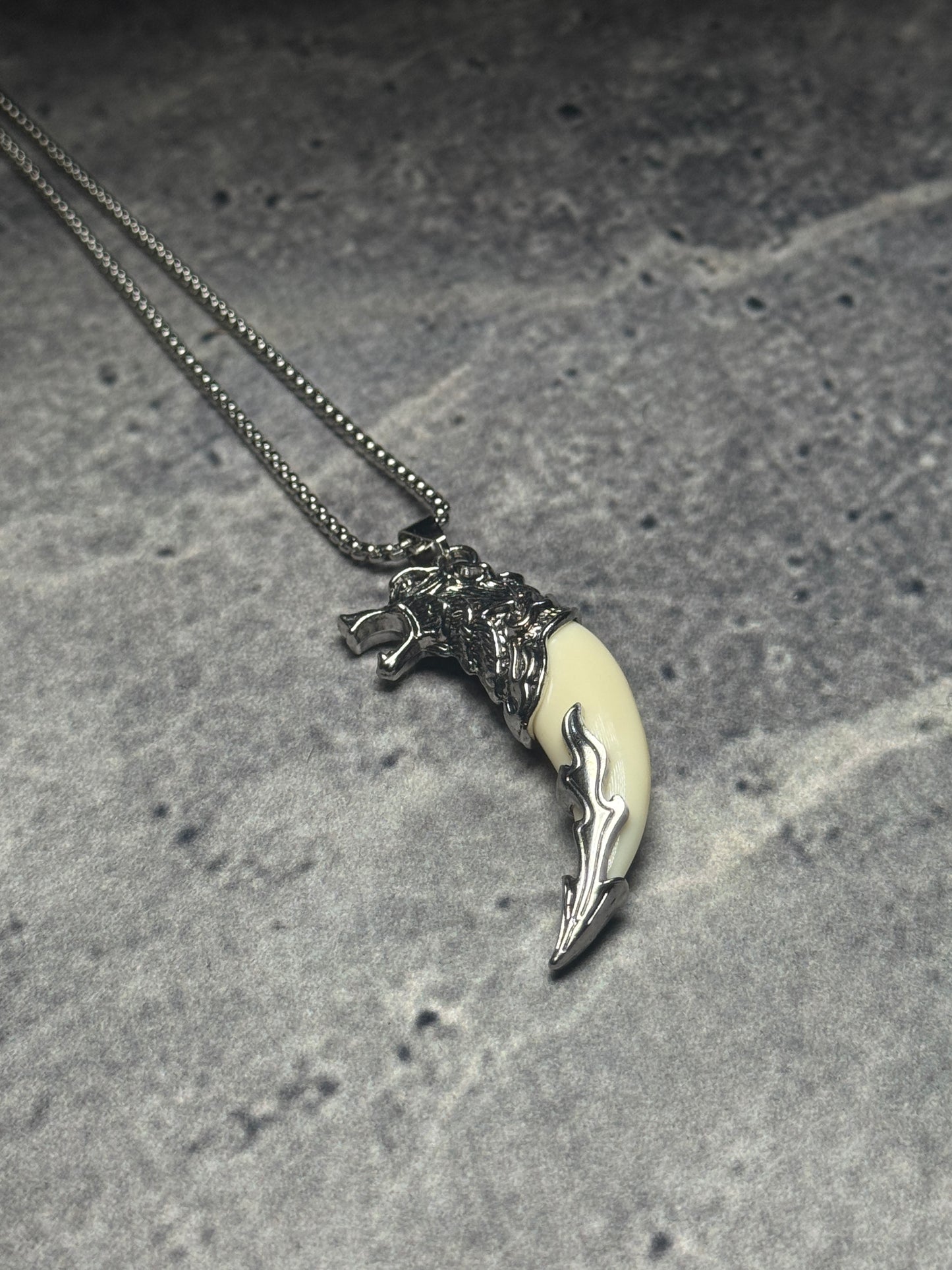 Silver Wolf Guardian Faux Tusk Pendant Necklace