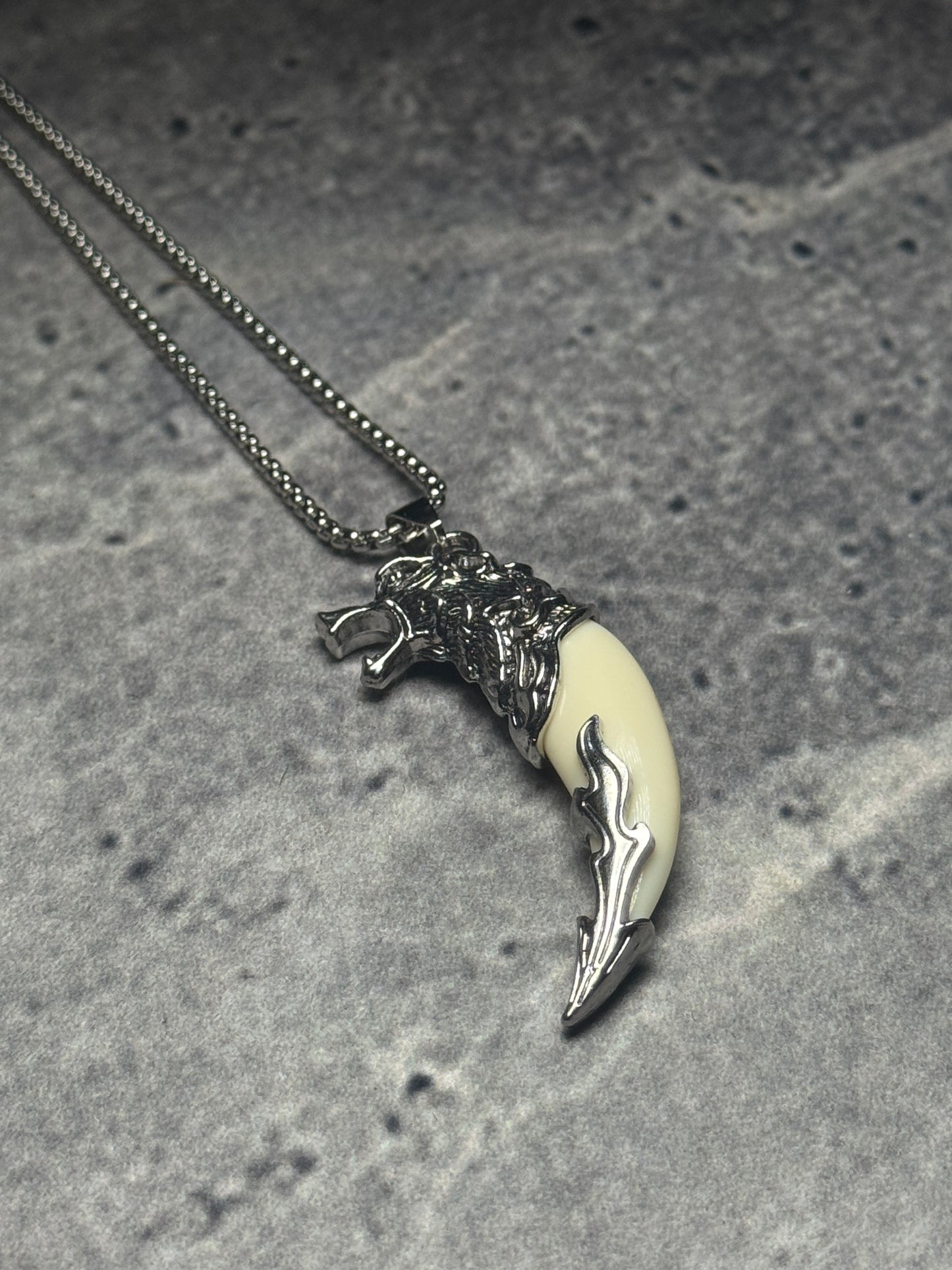 Silver Wolf Guardian Faux Tusk Pendant Necklace